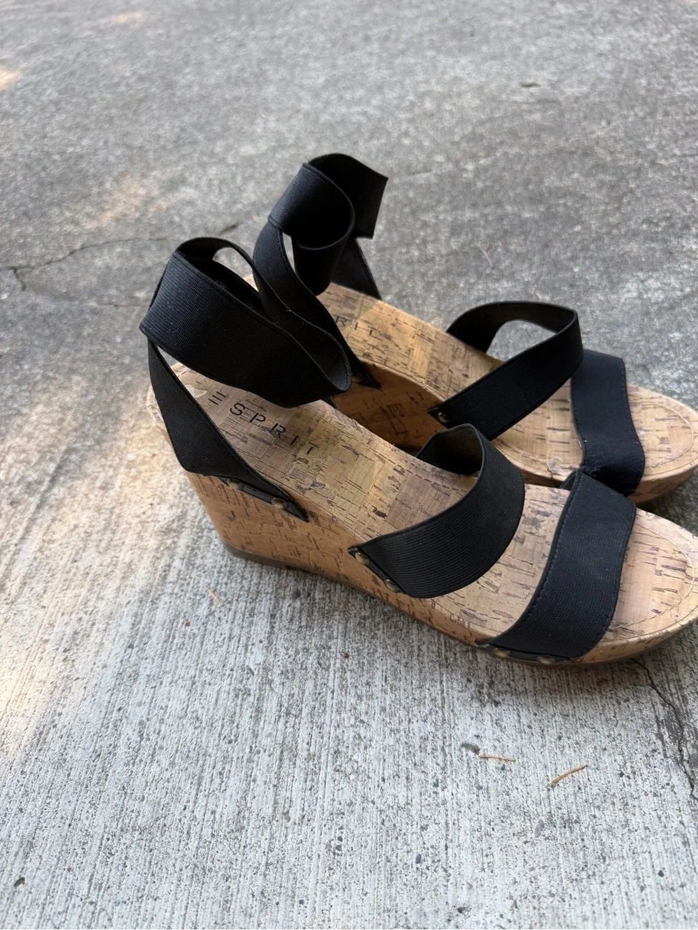 Spritz Black Elastic Strap Cork Wedge Sandals